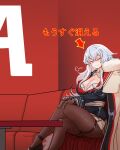  1girl absurdres azur_lane bangs black_footwear black_jacket bra bra_peek brown_gloves brown_legwear cape capelet closed_eyes crossed_bangs crossed_legs fur-trimmed_cape fur_trim gloves graf_zeppelin_(azur_lane) hey_taisyou highres jacket pantyhose pleated_skirt sitting skirt thighband_pantyhose underwear white_bra white_cape white_capelet white_skirt 