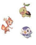  ;) absurdres arm_up blue_eyes brown_eyes chimchar commentary_request fire flame gen_4_pokemon green_eyes highres no_humans odd_(hin_yari) one_eye_closed open_mouth piplup pokemon pokemon_(creature) simple_background smile starter_pokemon_trio toes tongue turtwig white_background 