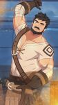  1boy bandaged_arm bandages bara beard black_eyes black_hair blacksmith covered_nipples embers facial_hair genshin_impact highres holding holding_mallet large_pectorals leather looking_at_viewer male_cleavage male_focus mallet mature_male mazjojo muscular muscular_male mustache reward_available short_hair solo wagner_(genshin_impact) 