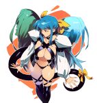  1girl artist_name asymmetrical_hair black_legwear blue_hair breasts closed_mouth dizzy_(guilty_gear) guilty_gear hair_ribbon highres large_breasts long_hair long_sleeves looking_to_the_side navel necro_(guilty_gear) optionaltypo red_eyes ribbon standing tail tail_ornament tail_ribbon thighhighs undine_(guilty_gear) white_background yellow_ribbon 