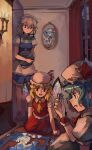  3girls absurdres arm_support blonde_hair blue_hair candle candlelight candlestand cirno commentary crystal english_commentary fire flame flandre_scarlet full_moon glowing glowing_wings hat hat_ribbon highres holding holding_tray huge_filesize indoors izayoi_sakuya kornod mob_cap moon multiple_girls night open_mouth picture_(object) portrait_(object) profile puzzle puzzle_piece red_ribbon red_skirt red_vest remilia_scarlet ribbon ribbon-trimmed_headwear ribbon_trim sconce siblings sidelocks silver_hair sisters sitting skirt skirt_set standing touhou tray vest window wings yellow_neckwear 