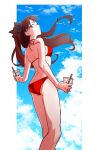  1girl ass back bangs bare_shoulders bikini black_bow blue_eyes blue_sky bow breasts brown_hair cloud cloudy_sky commentary_request cup fate/stay_night fate_(series) floating_hair framed from_side hair_bow holding holding_cup karasaki legs long_hair looking_at_viewer parted_bangs parted_lips red_bikini sky solo standing swimsuit tohsaka_rin twintails wind 