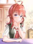  1girl absurdres ahoge arashi_(kancolle) black_vest commentary_request common2012 door drawer dress_shirt grey_eyes highres indoors kantai_collection looking_at_viewer neckerchief red_hair red_neckwear shirt solo table upper_body vest white_shirt 