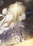  1girl absurdres bangs blonde_hair blurry blurry_background brown_background chain collar commentary_request costor32 dress expressionless eyebrows_visible_through_hair fate/grand_order fate_(series) from_side grey_eyes hair_intakes hair_strand highres lock looking_away nero_claudius_(bride)_(fate) nero_claudius_(fate) nero_claudius_(fate)_(all) padlock sidelocks solo sparkle upper_body white_dress 