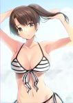  1girl arms_up azuma_yuki bangs bare_arms bikini breasts brown_eyes brown_hair cleavage collarbone commentary_request dated eyebrows_visible_through_hair hand_in_hair highres katou_megumi large_breasts looking_at_viewer navel parted_lips ponytail saenai_heroine_no_sodatekata short_hair signature simple_background solo standing striped striped_bikini swimsuit swimwear upper_body white_bikini 