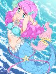  1girl armpits blue_background blue_eyes bracelet breasts covered_nipples eyebrows_visible_through_hair full_body hair_ornament highres jewelry laura_(precure) long_hair looking_at_viewer medium_breasts mermaid midriff monster_girl navel nurugamer-kouyouju pearl_hair_ornament pink_hair precure solo stomach thick_eyebrows tropical-rouge!_precure 