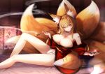  1girl animal_ear_fluff animal_ears bare_legs bare_shoulders blonde_hair breasts cleavage cluseller cup eyebrows_visible_through_hair floor_lamp fox_ears fox_girl fox_tail fundoshi japanese_clothes kimono kiseru kitsune large_breasts long_hair magatama multiple_tails off_shoulder on_bed original pipe pubic_tattoo reclining red_eyes sakazuki smile smoking solo tail tattoo thick_eyebrows tsurime whisker_markings 
