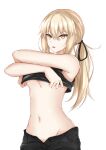  1girl artoria_pendragon_(all) bangs bare_shoulders black_ribbon blonde_hair breasts commentary eyebrows_visible_through_hair fate/grand_order fate_(series) hair_between_eyes hair_ribbon highres lifted_by_self long_hair looking_at_viewer low_ponytail navel parted_lips piro_(prwtrs) ribbon saber_alter simple_background sleeveless solo stomach underboob upper_body white_background yellow_eyes 