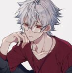  1boy argonavis_from_bang_dream! asahi_nayuta bang_dream! bespectacled collarbone glasses hand_on_own_face hand_rest jewelry male_focus mizukikushou red_eyes red_shirt ring shirt simple_background solo white_background white_hair 