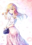  1boy ass bag bangs blonde_hair cherry_blossoms crossdressing eyebrows_visible_through_hair floral_print frilled_shirt frills hair_between_eyes hair_ornament hairclip handbag highres long_hair looking_at_viewer natsusora_wakana nobady original otoko_no_ko parted_lips pink_skirt shirt shorts skirt solo white_shirt yellow_eyes 