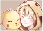  1girl ^_^ apex_legends blonde_hair brown_background closed_eyes crossover eyebrows_behind_hair gen_1_pokemon highres hood hood_up hug lichtenberg_figure nitogebeto pikachu pikachu_ears pikachu_hood pokemon pokemon_ears scar scar_on_cheek scar_on_face short_hair smile trait_connection upper_body wattson_(apex_legends) 