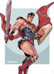 1boy alternate_costume bara bare_shoulders black_hair cape cosplay covered_abs crossdressing dc_comics foot_out_of_frame highres holding holding_shield holding_sword holding_weapon looking_at_viewer male_focus mature_male muscular muscular_male pectorals red_cape shield short_hair sideburns sidepec solo superhero superman sword theo_(theobromicart) thick_thighs thighs weapon western wind wonder_woman wonder_woman_(cosplay) 