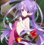  1girl bangs bow breasts cable clenched_hands eunice_airy floating_hair gloves glowing grafdin hair_behind_ear halter_top halterneck long_hair looking_at_viewer mecha official_art purple_eyes red_bow red_eyes sideboob small_breasts smile solo super_robot_wars super_robot_wars_dd upper_body v-shaped_eyebrows very_long_hair visor white_gloves yamamoto_keiji 