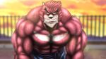  16:9 2016 abs anthro biceps black_bear black_eyes black_nose bottomwear clothed clothing detailed_background fur kion_(artist) kumatetsu looking_at_viewer male mammal moon_bear muscular muscular_anthro muscular_male pecs red_body red_eyes red_fur rionkion signature solo sunset the_boy_and_the_beast topless ursid ursine widescreen 