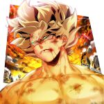  1boy abs blonde_hair blood blood_from_mouth blood_on_face cuts fire glowing glowing_eyes green_eyes injury large_pectorals male_focus muscular muscular_male nipples nude portrait short_hair solo son_goku spiked_hair stomach super_saiyan super_saiyan_1 tarutobi wind 