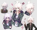  1boy :d absurdres bangs black_jacket brown_jacket chain closed_eyes coat collar commentary_request crazy_eyes crossed_arms danchu_(danchu0628) danganronpa_(series) danganronpa_2:_goodbye_despair danganronpa_3_(anime) danganronpa_another_episode:_ultra_despair_girls drooling green_coat grey_background hand_up highres hood hood_down hooded_coat hope&#039;s_peak_academy_school_uniform jacket komaeda_nagito looking_at_viewer male_focus metal_collar necktie number official_alternate_costume open_clothes open_jacket open_mouth print_shirt profile red_neckwear school_uniform shirt short_hair simple_background sketch smile sweat upper_body upper_teeth white_shirt 