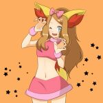 1girl ;d animal_ears blue_eyes boots bow brown_hair cosplay crop_top fake_animal_ears fake_tail fang fennekin fennekin_(cosplay) gen_6_pokemon hair_bow long_hair looking_at_viewer midriff monochrome_background navel neko19920311 one_eye_closed open_mouth orange_background pink_bow pink_skirt pokemon pokemon_(anime) pokemon_ears pokemon_tail serena_(pokemon) simple_background skirt sleeveless smile solo starry_background tail 