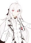  1girl bangs black_bow bow breasts eyebrows_visible_through_hair feet_out_of_frame ff_frbb122 girls_frontline hair_bow highres iws-2000_(girls_frontline) jacket long_hair looking_at_viewer open_clothes open_jacket red_eyes silver_hair smile solo uniform white_background white_hair white_jacket 