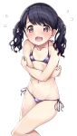  1girl absurdres bare_arms bare_shoulders bikini black_hair blush breasts collarbone commentary_request crossed_arms feet_out_of_frame flying_sweatdrops fukumaru_koito hair_ribbon highres idolmaster idolmaster_shiny_colors kuroba_aki long_hair micro_bikini navel nose_blush open_mouth purple_bikini purple_ribbon ribbon side-tie_bikini simple_background small_breasts solo swimsuit twintails white_background 