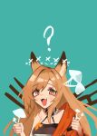  1girl ? absurdres animal_ear_fluff animal_ears aqua_background arknights bangs ceobe_(arknights) eyebrows_visible_through_hair eyeshadow fangs fox_ears fox_girl ghost_(tama) halter_top halterneck highres holding holding_mushroom jacket looking_at_viewer makeup mushroom off_shoulder open_mouth orange_eyes orange_hair orange_jacket red_eyeshadow skin_fangs solo upper_body 