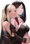  2girls bare_shoulders black_hair blazpu blonde_hair blue_eyes blush breasts cape closed_mouth collarbone crow_(gravity_daze) detached_sleeves dress eyelashes forehead gravity_daze hairband highres hug hug_from_behind kitten_(gravity_daze) looking_at_viewer medium_breasts multicolored_hair multiple_girls parted_lips red_eyes red_hair shiny shiny_hair sideboob sidelocks simple_background smile strapless strapless_dress streaked_hair upper_body white_background 