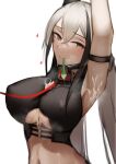  1girl armpits arms_up breasts closed_mouth collar condom covered_nipples cum cum_on_armpits cum_on_body cum_on_breasts gaia_(girls_frontline) girls_frontline hair_between_eyes highres large_breasts leash long_hair looking_at_viewer low_twintails mouth_hold periory sangvis_ferri silver_hair simple_background smile solo sweat twintails underboob upper_body used_condom white_background yellow_eyes 