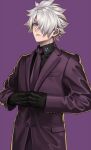  1boy black_shirt fate/grand_order fate_(series) formal frown galahad_(fate) hair_over_one_eye looking_at_viewer male_focus necktie purple_suit shirt short_hair silver_hair simple_background solo sora_yoshitake_yuda suit upper_body white_hair yellow_eyes 
