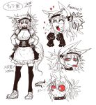  1girl :3 animal_ears apron awooo black_legwear breasts cleavage collar colored_sclera dated fangs juugoya_(zyugoya) kneehighs large_breasts maid maid_apron maid_headdress measurements original red_sclera sharp_teeth spiked_collar spikes sweat sweatdrop tail teeth tongue tongue_out wolf_ears wolf_girl wolf_tail 