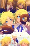  1boy 1girl ahoge alternate_eye_color alternate_hair_color bangs blonde_hair blue_eyes blush breasts cis05 closed_eyes collared_shirt command_spell confetti doughnut dress_shirt fate/grand_order fate/requiem fate_(series) food fujimaru_ritsuka_(female) hair_ornament hair_scrunchie high_five long_sleeves looking_at_viewer medium_breasts multiple_views one_side_up open_mouth parted_bangs scrunchie shirt short_hair smile voyager_(fate) white_shirt 