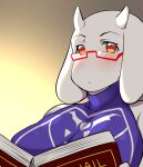  2016 anthro big_breasts blush book bovid breasts caprine clothing dodomir23 eyewear female fur glasses goat gradient_background hi_res looking_at_viewer mammal mature_female purple_clothing red_eyes red_eyewear red_glasses simple_background solo toriel undertale video_games white_body white_fur 