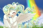  2020 blush cloud digital_media_(artwork) equid equine eyes_closed feathered_wings feathers female feral friendship_is_magic grass hair hasbro hi_res long_hair mammal multicolored_hair multicolored_tail my_little_pony open_mouth open_smile pegasus plant rainbow sky smile solo symbianl vapor_trail_(mlp) wind wings 