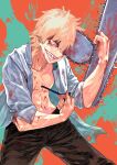  1boy bare_pecs bleeding blonde_hair blood blood_on_face bloody_clothes bloody_hands bloody_weapon chainsaw chainsaw_man collarbone denji_(chainsaw_man) highres male_focus navel otsudou pulling sharp_teeth smile solo splatter teeth torn_clothes veins weapon white_eyes 