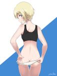  1girl ass black_sports_bra blonde_hair blue_background blue_eyes blush butt_crack erica_hartmann eyebrows_visible_through_hair from_behind grin highres looking_at_viewer looking_back miyu_(lovesickness) panties parted_lips shiny shiny_hair shiny_skin short_hair shoulder_blades simple_background smile solo sports_bra standing strike_witches teeth two-tone_background underwear white_background white_panties world_witches_series 