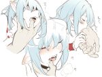  1girl asutora biting blood blue_hair blush closed_eyes commentary_request eyes_visible_through_hair fangs finger_in_another&#039;s_mouth hands hetero open_mouth pointy_ears remilia_scarlet saliva short_hair simple_background solo_focus teeth touhou upper_body white_background wrist_cuffs 