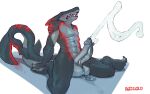  2020 anthro balls big_balls big_penis blush bodily_fluids claws cum cumshot ejaculation fin finger_claws fish garmr_imakoo genital_fluids genitals grey_balls grey_body grey_claws grey_penis grey_scales hands-free hi_res lube lube_drip lube_on_penis lube_string male marine multicolored_body multicolored_scales open_mouth orgasm penis pink_tongue red_body red_scales redponei scales shadow shark signature simple_background sitting solo spontaneous_ejaculation tail_fin teeth toe_claws tongue two_tone_body two_tone_scales white_background 