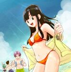  :d beach bikini black_eyes black_hair blue_bikini blue_hair blue_shorts blue_sky bra_(dragon_ball) breasts capsule_corp cloud cup dragon_ball dragon_ball_gt green_eyes green_shorts highres holding holding_cup jacket looking_at_viewer male_swimwear navel open_mouth orange_bikini pan_(dragon_ball) pipi2020pipi purple_hair shorts sky smile son_goten striped striped_bikini swim_trunks swimsuit swimwear trunks_(dragon_ball) yellow_jacket 