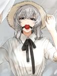  1girl absurdres ball_gag black_ribbon blue_eyes curtains drooling gag girls_und_panzer grey_hair hair_between_eyes hat highres itsumi_erika light_rays long_hair neck_ribbon open_mouth oshiri_seijin ribbon saliva saliva_trail solo straw_hat wet wet_clothes 