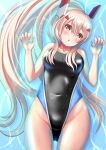 1girl ass_visible_through_thighs ayanami_(azur_lane) azur_lane bare_shoulders black_swimsuit blue_swimsuit breasts competition_swimsuit covered_navel headgear highleg highres long_hair lying medium_breasts monochrome0226 on_back one-piece_swimsuit oppai_loli partially_submerged platinum_blonde_hair red_eyes solo swimsuit thigh_gap two-tone_swimsuit very_long_hair 