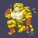  1boy abs absurdres animal_ears bandages bara black_eyes blonde_hair bulge bursting_pecs chibi colored_sclera furry green_sclera highres large_pectorals long_hair macan_(tokyo_houkago_summoners) male_focus muscular muscular_male nipples pectorals ratontheraccoon running solo stomach thick_eyebrows thighs tiger_boy tiger_ears tokyo_houkago_summoners 