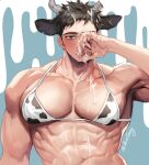  1boy abs animal_ears animal_print bara black_hair blush bra chinese_zodiac cow_boy cow_ears cow_horns cow_print crossdressing cum cum_on_body cum_on_pectorals facial horns implied_yaoi large_pectorals looking_at_viewer male_cleavage male_focus muscular muscular_male navel original pectoral_focus pectorals print_bra short_hair sidepec solo ssong-ga stomach suggestive_fluid underwear upper_body year_of_the_ox 