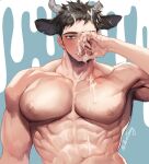  1boy abs animal_ears bara black_hair blush chinese_zodiac completely_nude cow_boy cow_ears cow_horns cum cum_on_body cum_on_pectorals facial horns implied_yaoi large_pectorals looking_at_viewer male_focus muscular muscular_male navel nude original pectoral_focus pectorals short_hair solo ssong-ga stomach suggestive_fluid upper_body year_of_the_ox 