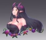  1girl armpits bare_shoulders black_hair blush breasts choker cleavage collarbone cropped_torso demon_girl demon_horns elbow_gloves eyelashes flower forehead_jewel from_side gloves gradient gradient_background grey_background hair_flower hair_ornament highres horns impossible_clothes impossible_shirt king&#039;s_raid large_breasts long_hair looking_at_viewer pointy_ears shamilla shirt sidelocks smile solo straight_hair strapless upper_body yellow_eyes yu_mochi_(kamiinu) 