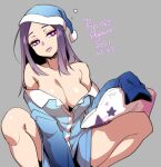  1girl 2021 agawa_ryou bare_shoulders breasts cleavage commentary_request dated grey_background large_breasts long_hair looking_at_viewer original purple_eyes purple_hair signature simple_background sleeping_bag sleepy solo spread_legs thighs 
