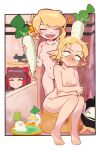  3girls absurdres bangs bath bathing bathroom black_headwear blonde_hair blunt_bangs blush border bow breasts brown_hair bucket commentary_request cookie_(touhou) covering_stomach daikon dual_wielding eyebrows_visible_through_hair full_body green_eyes hair_bow hair_ornament hair_tubes hakurei_reimu halo hat heart highres holding joker_(cookie) kirisame_marisa living_clothes long_hair looking_at_another medium_breasts mizuhashi_parsee multiple_girls navel nipples open_mouth outside_border parted_bangs pointy_ears red_bow reu_daikon shitsumin short_hair sitting standing star_(symbol) star_hair_ornament suzu_(cookie) sweat tied_hair touhou upper_teeth water white_border witch_hat yamasaka_aimi |d 