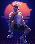  anthro antlers cervid clothed clothing fivel footwear hi_res horn looking_at_viewer male mammal nipples retrowave shoes solo synthwave tattoo topless 