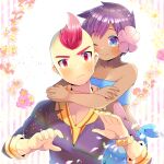  1boy 1girl ;) bare_arms bare_shoulders bikini black_shirt blue_bikini blue_eyes blush breasts cleavage closed_mouth commentary_request dark_skin flower hair_flower hair_ornament head_tilt hug hug_from_behind kouu_hiyoyo long_sleeves looking_at_viewer lowres one_eye_closed phoebe_(pokemon) pink_flower pokemon pokemon_(game) pokemon_oras purple_hair red_eyes red_hair sarong shirt sidney_(pokemon) small_breasts smile strapless strapless_bikini striped striped_background sweat swimsuit thick_eyebrows upper_body v-shaped_eyebrows vertical_stripes 