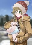  1girl blue_sky blurry blurry_background blush bra breasts breasts_outside brown_jacket closed_mouth eyebrows_visible_through_hair green_eyes hair_between_eyes hat highres hood hood_down hooded_jacket inuyama_aoi jacket jikatarou lifted_by_self long_hair navel outdoors skindentation sky solo steam steaming_body striped sweat tree underwear white_bra winter_clothes yurucamp 
