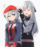  2girls ? ak-12_(girls_frontline) animal_ears beret blue_eyes braid cat_ears check_commentary closed_eyes commentary_request girls_frontline gloves hand_on_ear hat hat_ornament highres hinami047 long_hair md5_mismatch multiple_girls necktie one_eye_closed open_mouth ots-12_(girls_frontline) partially_fingerless_gloves russian_flag silhouette star-shaped_pupils star_(symbol) star_hat_ornament symbol-shaped_pupils twin_braids very_long_hair white_background 