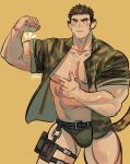  1boy abs animal_ears bara bare_pecs belt biceps blush briefs brk_603 bulge camouflage camouflage_jacket character_request cowboy_shot flexing grey_male_underwear jacket jaguar_boy jaguar_ears jaguar_tail large_pectorals male_focus male_underwear muscular muscular_male navel nipples no_pants open_clothes open_jacket pointing pointing_at_self pose short_hair skindentation solo stomach tail thick_thighs thighs tokyo_houkago_summoners underwear 