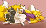  anthro bdsm black_sclera blush bodily_fluids bondage bound brush chest_tuft claws cross-popping_vein digimon digimon_(species) feet female foot_focus hi_res lying nipples nude on_side pawpads renamon rope rope_bondage soles solo spread_toes sweat tickling toe_claws toes toothbrush tuft vein zp92 